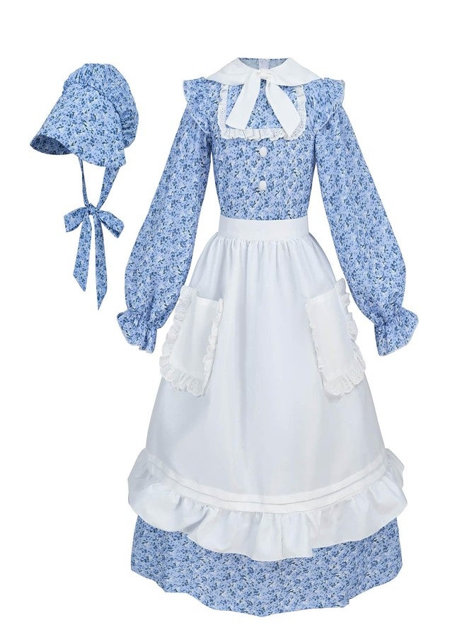 Nuoqi Colonial Dress Girls Pioneer Prairie Dress Laura Ingalls Wilder Costume with Apron Blue, 6-7 - Image 1